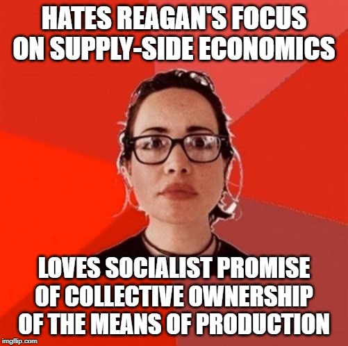 Liberal Douche Garofalo |  HATES REAGAN'S FOCUS ON SUPPLY-SIDE ECONOMICS; LOVES SOCIALIST PROMISE OF COLLECTIVE OWNERSHIP OF THE MEANS OF PRODUCTION | image tagged in liberal douche garofalo | made w/ Imgflip meme maker