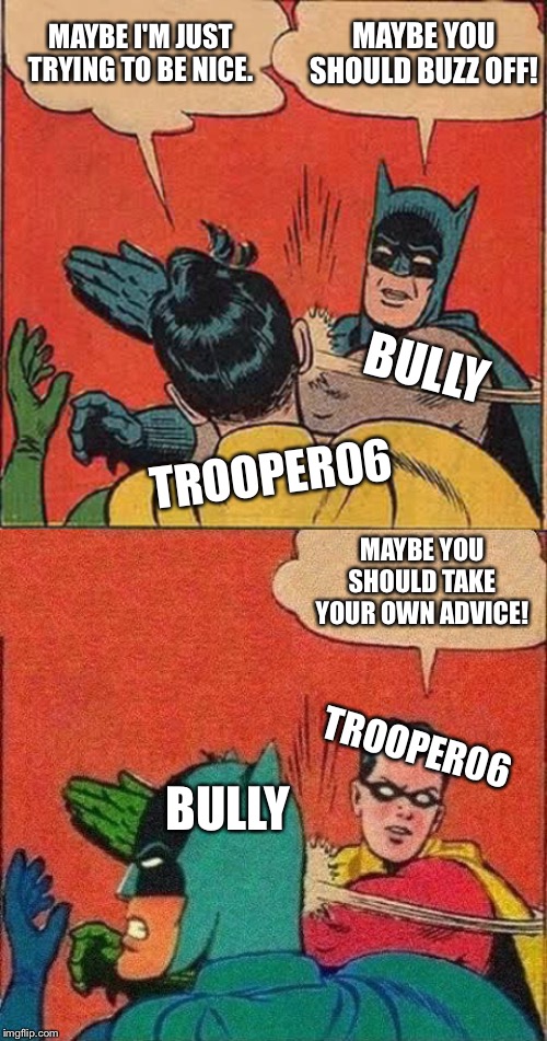 Be A Trooper[06]! | MAYBE YOU SHOULD BUZZ OFF! MAYBE I'M JUST TRYING TO BE NICE. BULLY; TROOPER06; MAYBE YOU SHOULD TAKE YOUR OWN ADVICE! TROOPER06; BULLY | image tagged in memes,batman slapping robin,robin slaps batman,trooper06,funny memes,funny | made w/ Imgflip meme maker