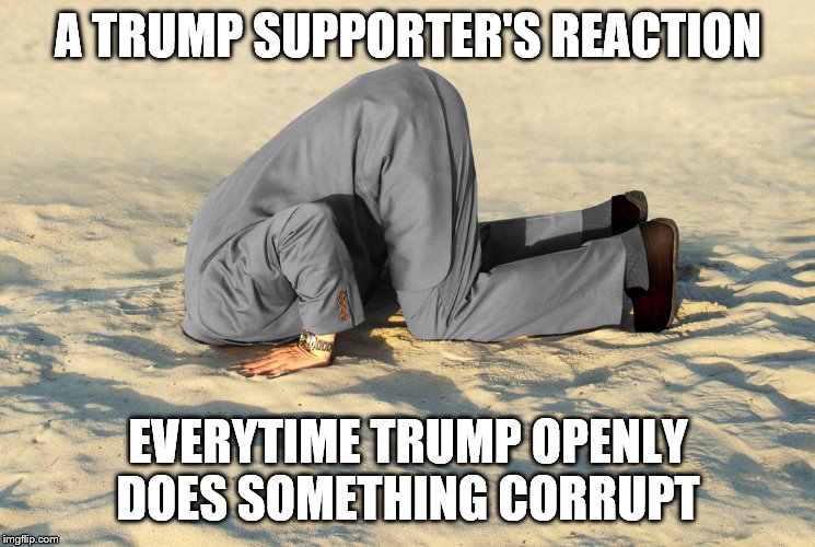 head in sand | A TRUMP SUPPORTER'S REACTION; EVERYTIME TRUMP OPENLY DOES SOMETHING CORRUPT | image tagged in head in sand | made w/ Imgflip meme maker