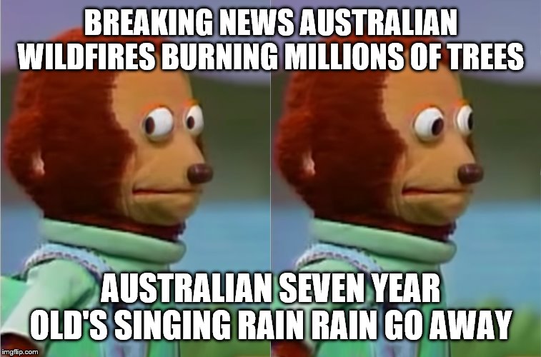 puppet Monkey looking away | BREAKING NEWS AUSTRALIAN WILDFIRES BURNING MILLIONS OF TREES; AUSTRALIAN SEVEN YEAR OLD'S SINGING RAIN RAIN GO AWAY | image tagged in puppet monkey looking away | made w/ Imgflip meme maker