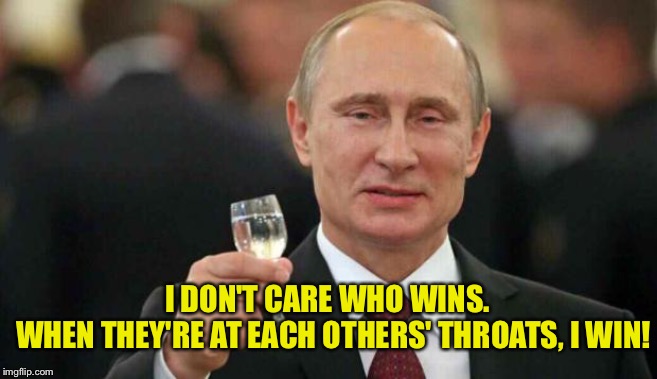 Putin muses on his election interference | I DON'T CARE WHO WINS.  
WHEN THEY'RE AT EACH OTHERS' THROATS, I WIN! | image tagged in putin | made w/ Imgflip meme maker