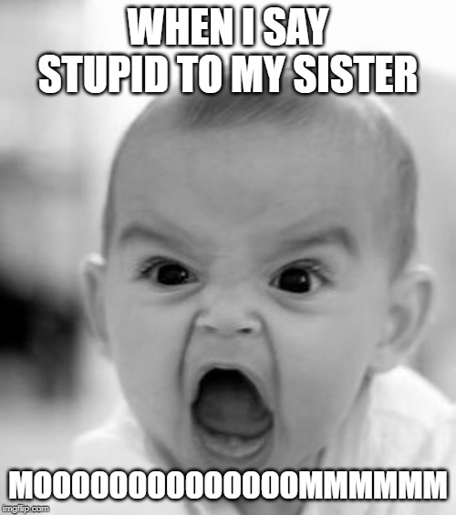 Angry Baby | WHEN I SAY STUPID TO MY SISTER; MOOOOOOOOOOOOOOMMMMMM | image tagged in memes,angry baby | made w/ Imgflip meme maker
