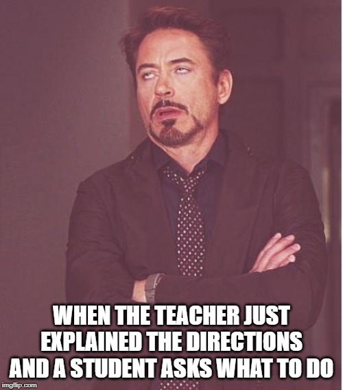 Face You Make Robert Downey Jr | WHEN THE TEACHER JUST EXPLAINED THE DIRECTIONS AND A STUDENT ASKS WHAT TO DO | image tagged in memes,face you make robert downey jr | made w/ Imgflip meme maker