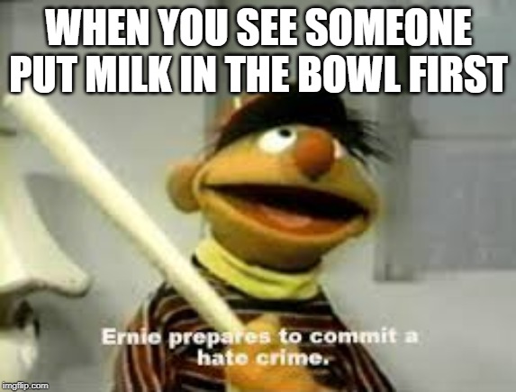 Ernie Prepares to commit a hate crime | WHEN YOU SEE SOMEONE PUT MILK IN THE BOWL FIRST | image tagged in ernie prepares to commit a hate crime | made w/ Imgflip meme maker
