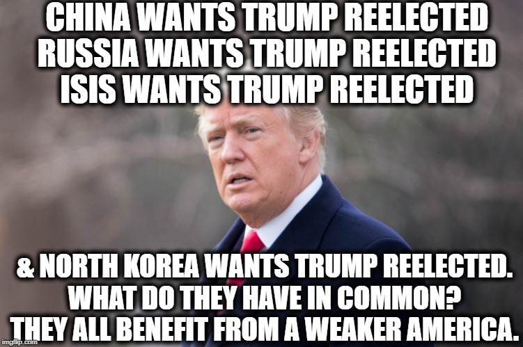 You Support A Weaker America, You Belligerent Ignoramus. | CHINA WANTS TRUMP REELECTED
RUSSIA WANTS TRUMP REELECTED
ISIS WANTS TRUMP REELECTED; & NORTH KOREA WANTS TRUMP REELECTED.
WHAT DO THEY HAVE IN COMMON?
THEY ALL BENEFIT FROM A WEAKER AMERICA. | image tagged in donald trump,russia,china,north korea,isis,america | made w/ Imgflip meme maker