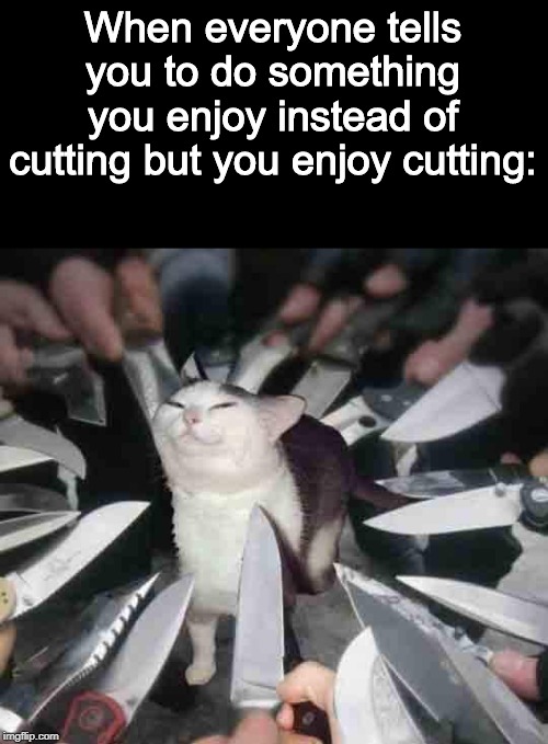 Knife Cat | When everyone tells you to do something you enjoy instead of cutting but you enjoy cutting: | image tagged in knife cat,cutting,self help,myself,enjoy | made w/ Imgflip meme maker