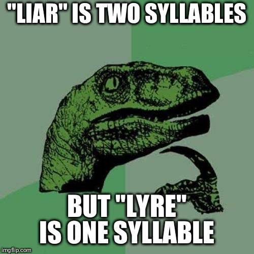 Not the liar paradox | "LIAR" IS TWO SYLLABLES; BUT "LYRE" IS ONE SYLLABLE | image tagged in memes,philosoraptor | made w/ Imgflip meme maker