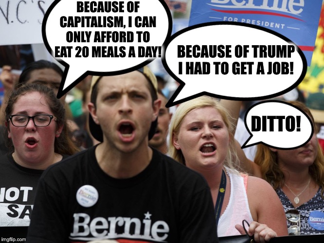 Poor things | BECAUSE OF CAPITALISM, I CAN ONLY AFFORD TO EAT 20 MEALS A DAY! BECAUSE OF TRUMP I HAD TO GET A JOB! DITTO! | image tagged in bernie sanders,president trump,because capitalism,election 2020 | made w/ Imgflip meme maker