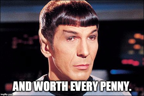 Condescending Spock | AND WORTH EVERY PENNY. | image tagged in condescending spock | made w/ Imgflip meme maker