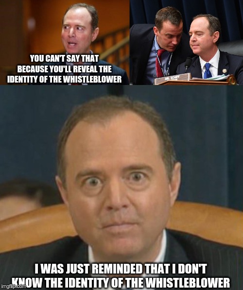 YOU CAN'T SAY THAT BECAUSE YOU'LL REVEAL THE IDENTITY OF THE WHISTLEBLOWER I WAS JUST REMINDED THAT I DON'T KNOW THE IDENTITY OF THE WHISTLE | image tagged in adam schiff,crazy adam schiff,adam schiff and aide | made w/ Imgflip meme maker