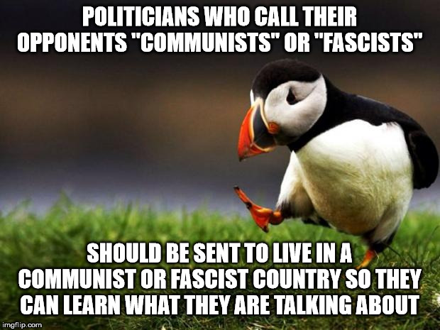 Please cut the hyperbole! | POLITICIANS WHO CALL THEIR OPPONENTS "COMMUNISTS" OR "FASCISTS"; SHOULD BE SENT TO LIVE IN A COMMUNIST OR FASCIST COUNTRY SO THEY CAN LEARN WHAT THEY ARE TALKING ABOUT | image tagged in memes,unpopular opinion puffin | made w/ Imgflip meme maker