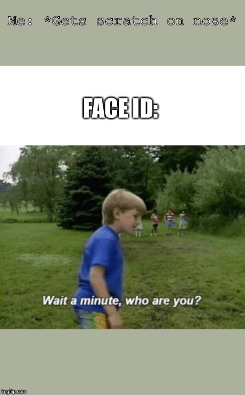 Wait a minute, who are you? | Me: *Gets scratch on nose*; FACE ID: | image tagged in wait a minute who are you | made w/ Imgflip meme maker