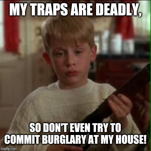 Home alone Kevin  | MY TRAPS ARE DEADLY, SO DON'T EVEN TRY TO COMMIT BURGLARY AT MY HOUSE! | image tagged in home alone kevin | made w/ Imgflip meme maker
