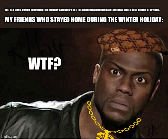 Kevin Hart | ME: HEY GUYS, I WENT TO WUHAN FOR HOLIDAY AND DIDN'T GET THE KUNGFLU ALTHOUGH SOME CHINESE DUDES JUST COUGH AT MY BUS. MY FRIENDS WHO STAYED HOME DURING THE WINTER HOLIDAY:; WTF? | image tagged in memes,kevin hart | made w/ Imgflip meme maker