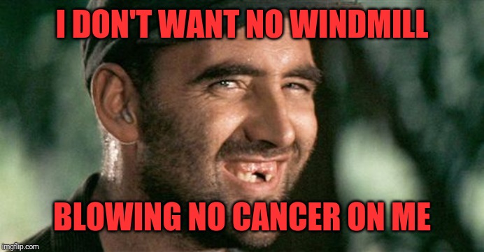 Manipulating America's Gullible Assholes |  I DON'T WANT NO WINDMILL; BLOWING NO CANCER ON ME | image tagged in deliverance hillbilly | made w/ Imgflip meme maker