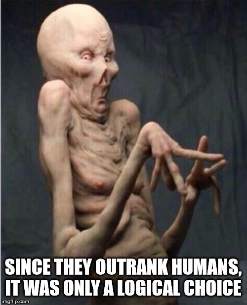 Grossed Out Alien | SINCE THEY OUTRANK HUMANS, IT WAS ONLY A LOGICAL CHOICE | image tagged in grossed out alien | made w/ Imgflip meme maker