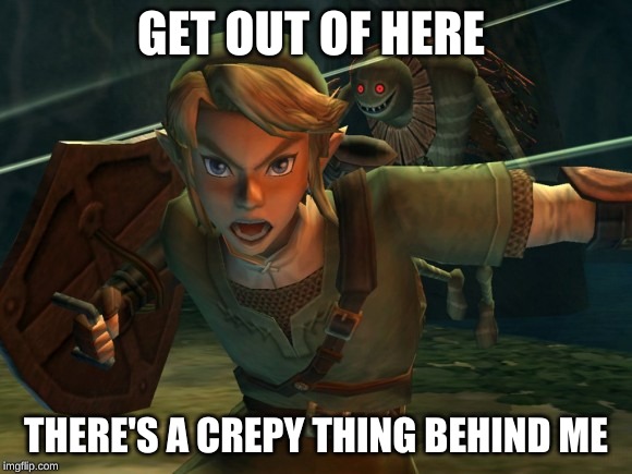 Link Legend of Zelda Yelling | GET OUT OF HERE; THERE'S A CREEPY THING BEHIND ME | image tagged in link legend of zelda yelling | made w/ Imgflip meme maker