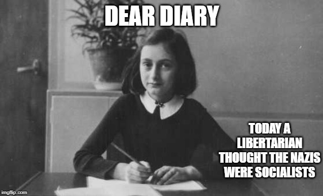 ANNE FRANK | DEAR DIARY; TODAY A LIBERTARIAN THOUGHT THE NAZIS WERE SOCIALISTS | image tagged in anne frank | made w/ Imgflip meme maker
