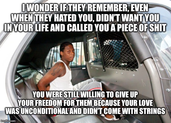 I WONDER IF THEY REMEMBER, EVEN WHEN THEY HATED YOU, DIDN’T WANT YOU IN YOUR LIFE AND CALLED YOU A PIECE OF SHIT; YOU WERE STILL WILLING TO GIVE UP YOUR FREEDOM FOR THEM BECAUSE YOUR LOVE WAS UNCONDITIONAL AND DIDN’T COME WITH STRINGS | image tagged in loyalty | made w/ Imgflip meme maker
