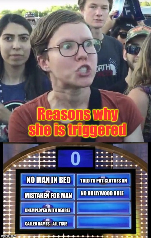 Reasons why she is triggered | image tagged in triggered feminist | made w/ Imgflip meme maker