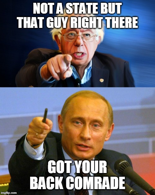 NOT A STATE BUT THAT GUY RIGHT THERE GOT YOUR BACK COMRADE | image tagged in memes,good guy putin,bernie sanders pointing | made w/ Imgflip meme maker