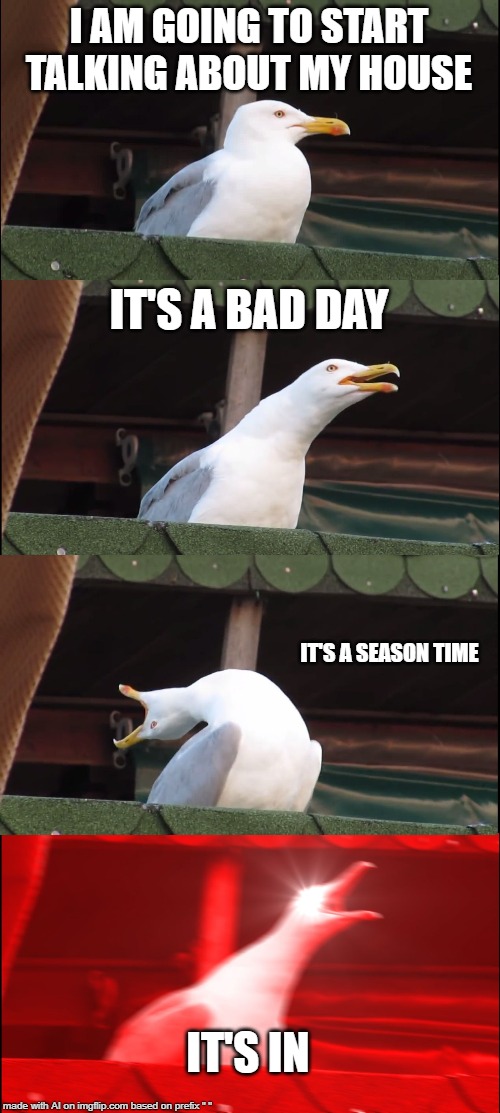 Inhaling Seagull | I AM GOING TO START TALKING ABOUT MY HOUSE; IT'S A BAD DAY; IT'S A SEASON TIME; IT'S IN | image tagged in memes,inhaling seagull | made w/ Imgflip meme maker