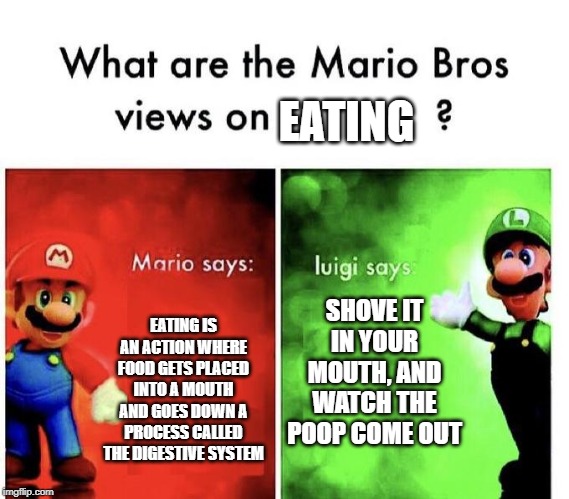 Mario Bros Views | EATING; SHOVE IT IN YOUR MOUTH, AND WATCH THE POOP COME OUT; EATING IS AN ACTION WHERE FOOD GETS PLACED INTO A MOUTH AND GOES DOWN A PROCESS CALLED THE DIGESTIVE SYSTEM | image tagged in mario bros views | made w/ Imgflip meme maker