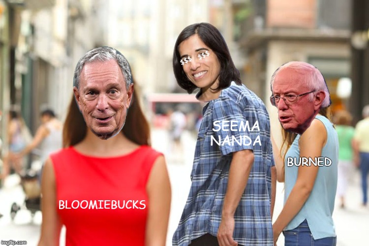 Burned again. | $$$; $$$; SEEMA NANDA; BURNED; BLOOMIEBUCKS | image tagged in memes,distracted boyfriend | made w/ Imgflip meme maker