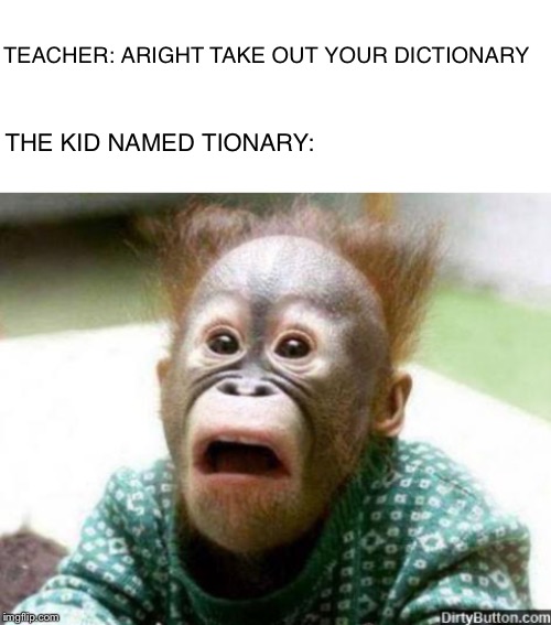 TEACHER: ARIGHT TAKE OUT YOUR DICTIONARY; THE KID NAMED TIONARY: | image tagged in oh shit monkey,blank white template | made w/ Imgflip meme maker