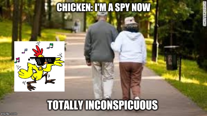 New Job, Chicken Dude | CHICKEN: I'M A SPY NOW; TOTALLY INCONSPICUOUS | image tagged in dancing,chicken,spy | made w/ Imgflip meme maker