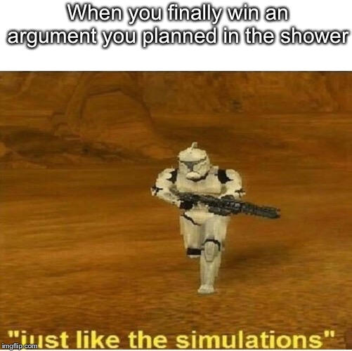 Just like the simulations | When you finally win an argument you planned in the shower | image tagged in just like the simulations | made w/ Imgflip meme maker