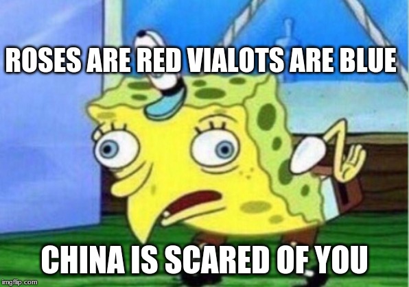 Mocking Spongebob Meme | ROSES ARE RED VIALOTS ARE BLUE; CHINA IS SCARED OF YOU | image tagged in memes,mocking spongebob | made w/ Imgflip meme maker