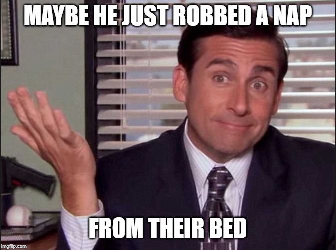 Michael Scott | MAYBE HE JUST ROBBED A NAP FROM THEIR BED | image tagged in michael scott | made w/ Imgflip meme maker