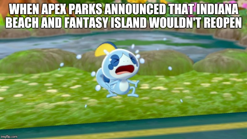 R.I.P. Indiana Beach and Fantasy Island | WHEN APEX PARKS ANNOUNCED THAT INDIANA BEACH AND FANTASY ISLAND WOULDN'T REOPEN | image tagged in crying sobble,amusement park,roller coaster | made w/ Imgflip meme maker