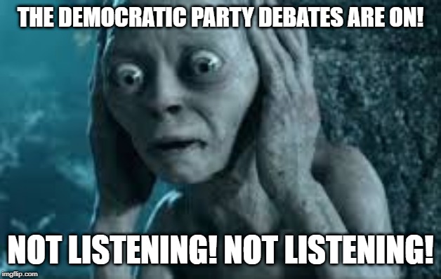 Gollum Not Listening | THE DEMOCRATIC PARTY DEBATES ARE ON! NOT LISTENING! NOT LISTENING! | image tagged in gollum not listening | made w/ Imgflip meme maker