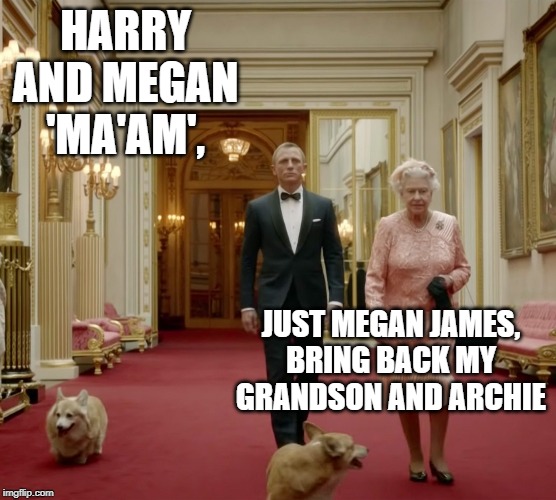 HARRY AND MEGAN  'MA'AM', JUST MEGAN JAMES, BRING BACK MY GRANDSON AND ARCHIE | image tagged in queen elizabeth | made w/ Imgflip meme maker