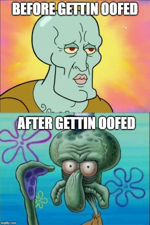 Squidward | BEFORE GETTIN OOFED; AFTER GETTIN OOFED | image tagged in memes,squidward | made w/ Imgflip meme maker