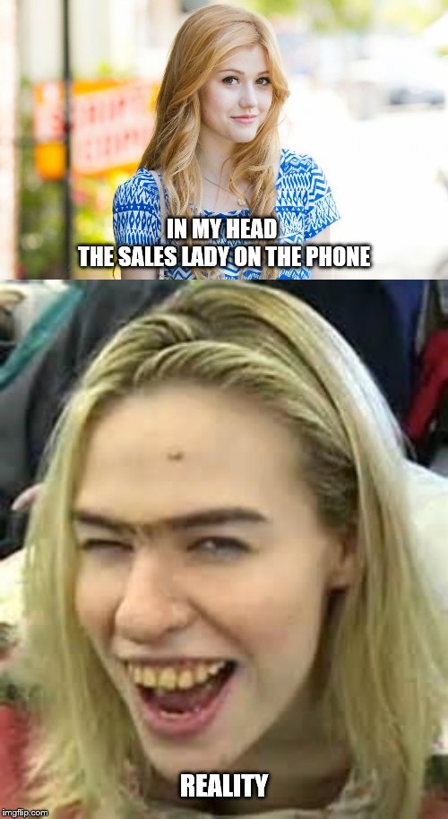 Why I don't Skype | IN MY HEAD 
THE SALES LADY ON THE PHONE; REALITY | image tagged in ugly girl,hot girl | made w/ Imgflip meme maker