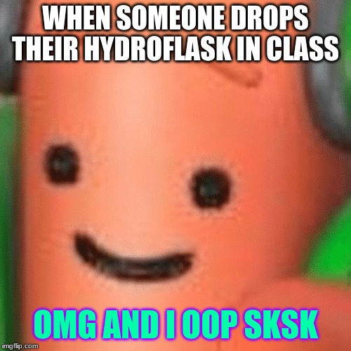 the fingy meme | WHEN SOMEONE DROPS THEIR HYDROFLASK IN CLASS; OMG AND I OOP SKSK | image tagged in the fingy meme | made w/ Imgflip meme maker