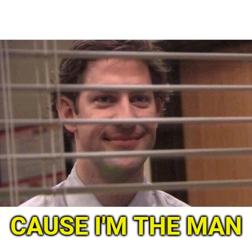 Jim Office Blinds | CAUSE I'M THE MAN | image tagged in jim office blinds | made w/ Imgflip meme maker