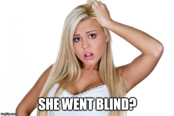 Dumb Blonde | SHE WENT BLIND? | image tagged in dumb blonde | made w/ Imgflip meme maker