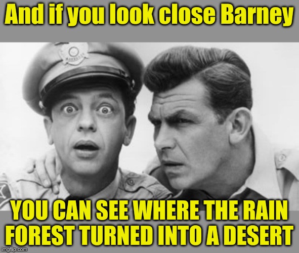 andy griffith and barney fife | And if you look close Barney YOU CAN SEE WHERE THE RAIN FOREST TURNED INTO A DESERT | image tagged in andy griffith and barney fife | made w/ Imgflip meme maker