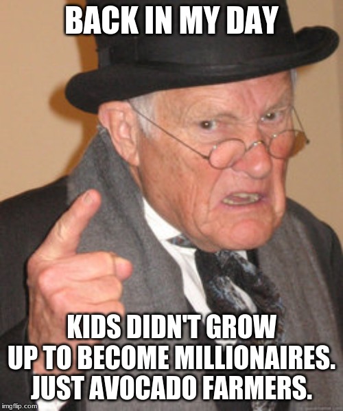 Or Zucchini. You Never Know! | BACK IN MY DAY; KIDS DIDN'T GROW UP TO BECOME MILLIONAIRES. JUST AVOCADO FARMERS. | image tagged in memes,back in my day | made w/ Imgflip meme maker