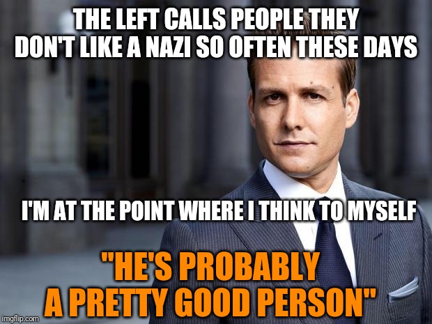Harvey from Suits  | THE LEFT CALLS PEOPLE THEY DON'T LIKE A NAZI SO OFTEN THESE DAYS; I'M AT THE POINT WHERE I THINK TO MYSELF; "HE'S PROBABLY A PRETTY GOOD PERSON" | image tagged in harvey from suits | made w/ Imgflip meme maker