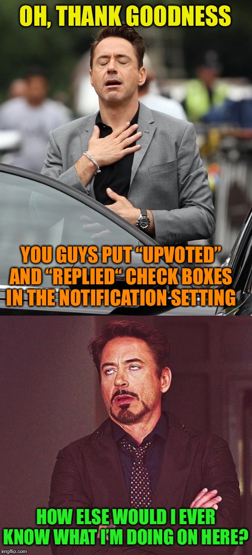 Was it really necessary? | OH, THANK GOODNESS; YOU GUYS PUT “UPVOTED” AND “REPLIED“ CHECK BOXES IN THE NOTIFICATION SETTING; HOW ELSE WOULD I EVER KNOW WHAT I’M DOING ON HERE? | image tagged in robert downey jr annoyed,relief,sarcasm | made w/ Imgflip meme maker