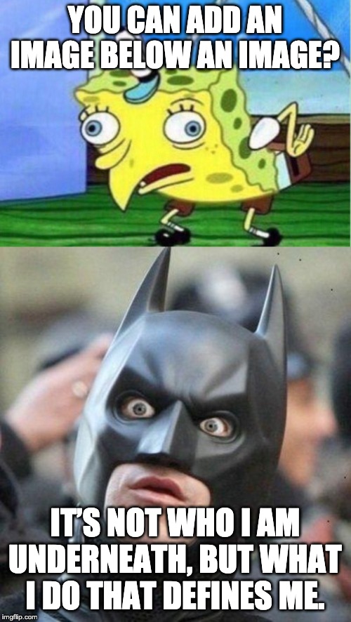 YOU CAN ADD AN IMAGE BELOW AN IMAGE? IT’S NOT WHO I AM UNDERNEATH, BUT WHAT I DO THAT DEFINES ME. | image tagged in shocked batman,memes,mocking spongebob | made w/ Imgflip meme maker