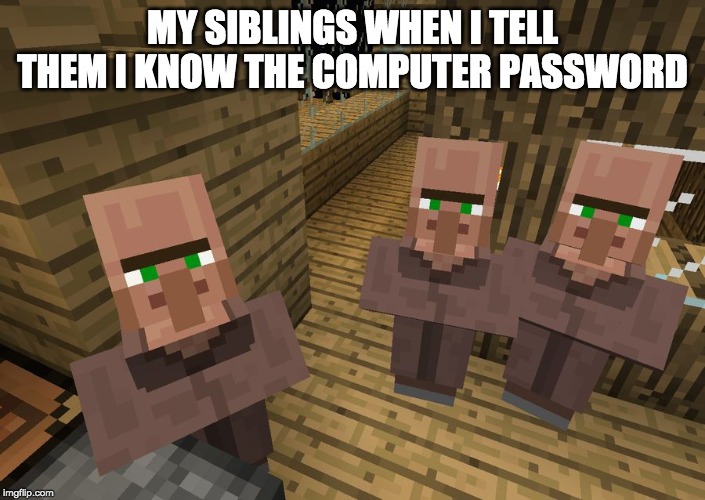 Minecraft Villagers | MY SIBLINGS WHEN I TELL THEM I KNOW THE COMPUTER PASSWORD | image tagged in minecraft villagers | made w/ Imgflip meme maker