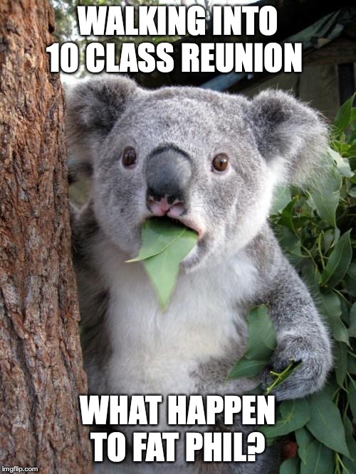 Surprised Koala Meme | WALKING INTO 10 CLASS REUNION; WHAT HAPPEN TO FAT PHIL? | image tagged in memes,surprised koala | made w/ Imgflip meme maker
