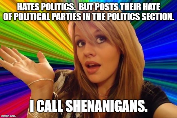 Dumb Blonde Meme | HATES POLITICS.  BUT POSTS THEIR HATE OF POLITICAL PARTIES IN THE POLITICS SECTION. I CALL SHENANIGANS. | image tagged in memes,dumb blonde | made w/ Imgflip meme maker