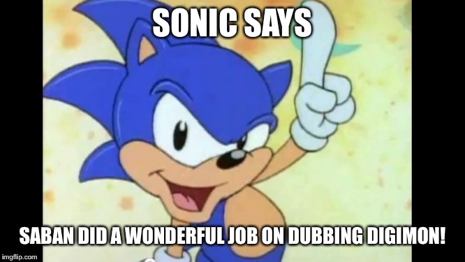 Sonic says | SONIC SAYS; SABAN DID A WONDERFUL JOB ON DUBBING DIGIMON! | image tagged in sonic says | made w/ Imgflip meme maker